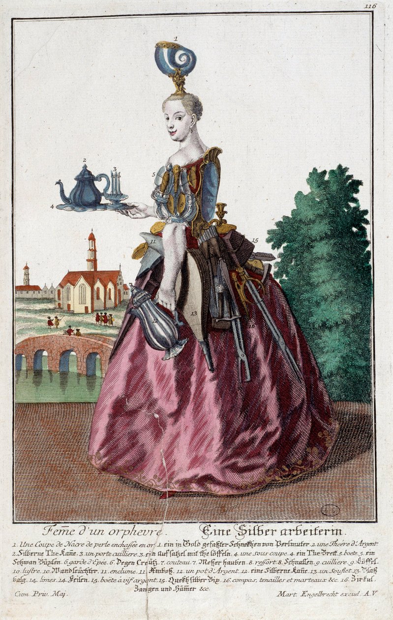 Beruf: Frau eines Goldfischs. Gravur von Martin Engelbrecht (1684-1756), in „Neue Versammlung der manouvries habilles“ 18. Jahrhundert, Deutschland. Paris, Decorative Arts von Martin Engelbrecht