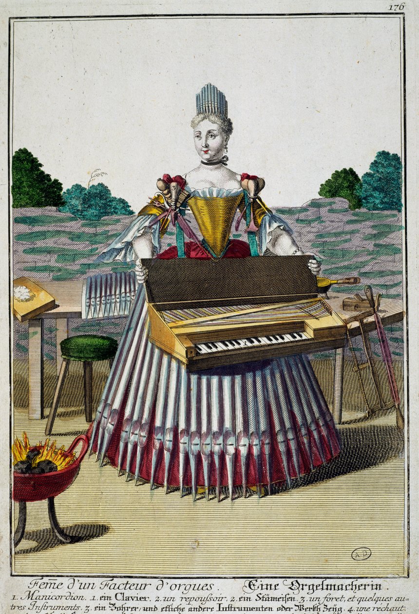 Frau des Orgelbauers, Gravur aus Assemblage des nouveau manouvries habilles von Martin Engelbrecht (1684-1756), Deutschland von Martin Engelbrecht