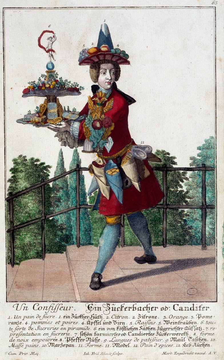 Der Konditor: ein junger Mann hält ein Tablett mit Süßigkeiten und Konfekt. Gravur von Martin Engelbrecht (1684-1756) 18. Jahrhundert. Paris, Decorative Arts von Martin Engelbrecht