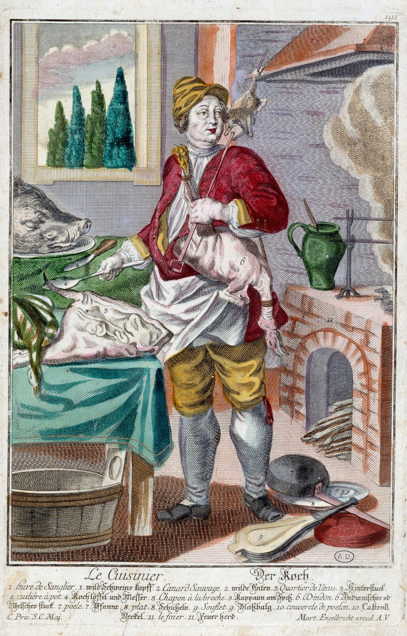 Der Koch. Gravur von Martin Engelbrecht (1684-1756), in „Neue Versammlung der manouvries habilles“ 18. Jahrhundert, Deutschland. Paris, Decorative Arts von Martin Engelbrecht