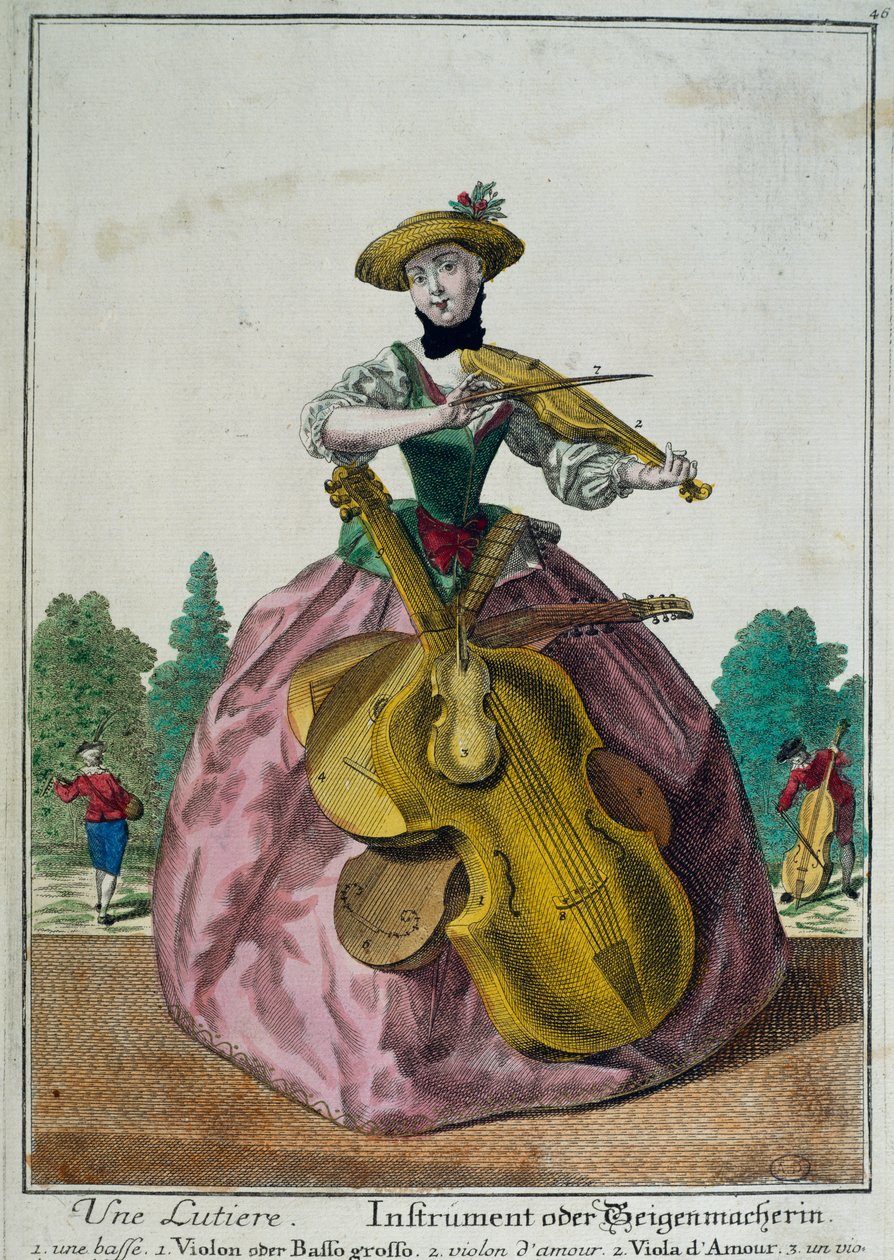 Une Lutiere, Lautenspielerin mit Viola, Cello und Violine, von Martin Engelbrecht, Farbdruck, Frankreich von Martin Engelbrecht