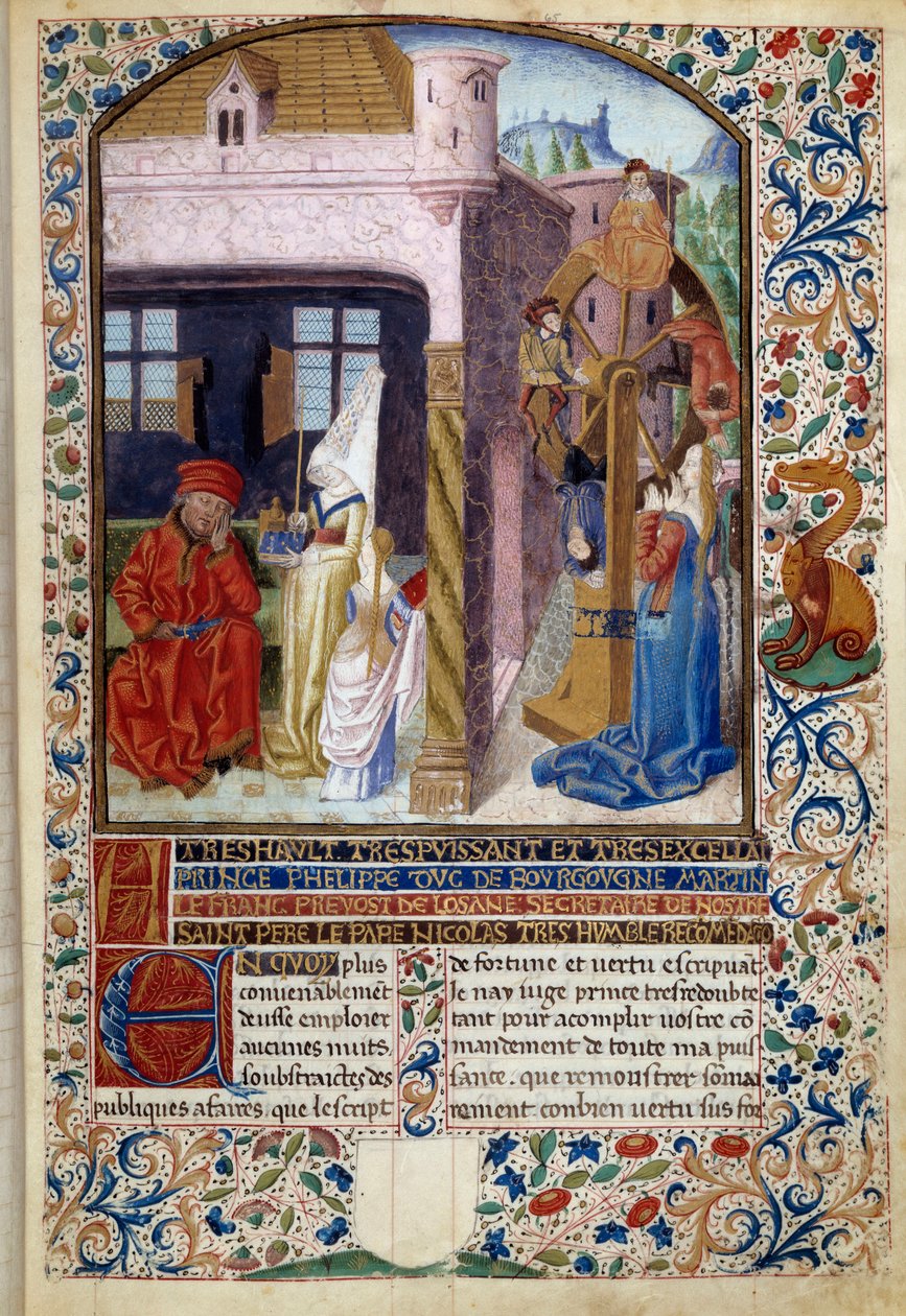 Allegorie des Glücks: Darstellung einer jungen Frau in der Nähe eines Glücksrads. Miniatur aus „Der Geist von Glück und Tugend“ von Martin Le Franc von Martin Le Franc