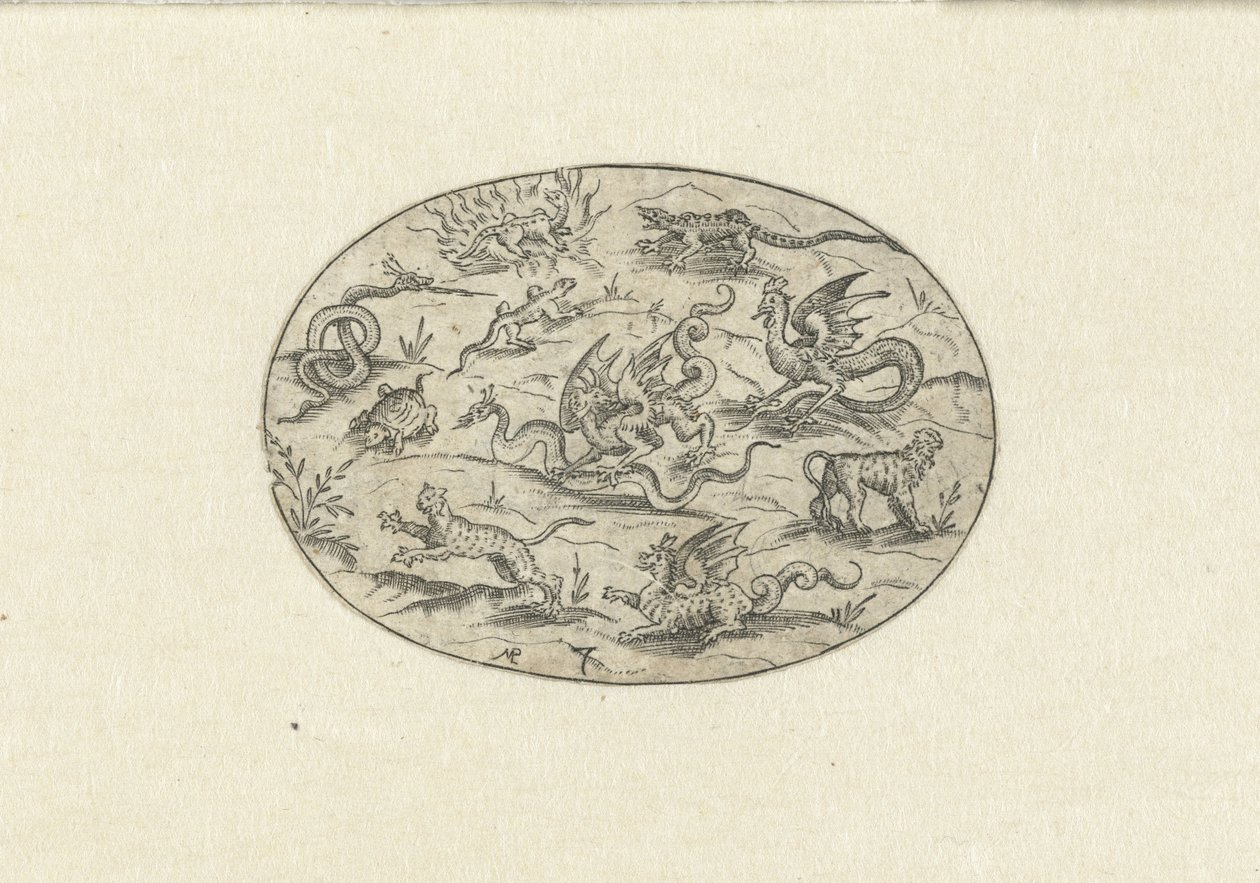 Oval mit Reptilien, Katzenartigen und Fantasiewesen von Martin Pleginck