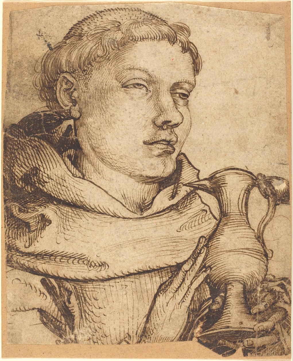 Büste eines Mönchs, der bei der Kommunion assistiert von Martin Schongauer