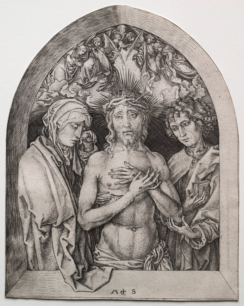 Christus als der Schmerzensmann zwischen der Jungfrau und St. Johannes von Martin Schongauer