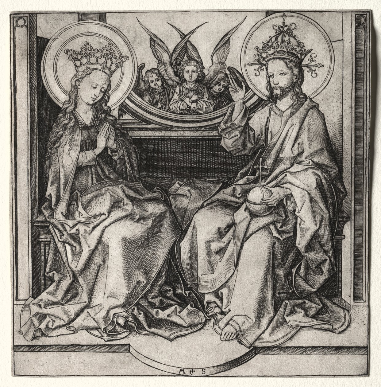 Gottvater und die selige Jungfrau auf dem Thron, begleitet von Engeln von Martin Schongauer