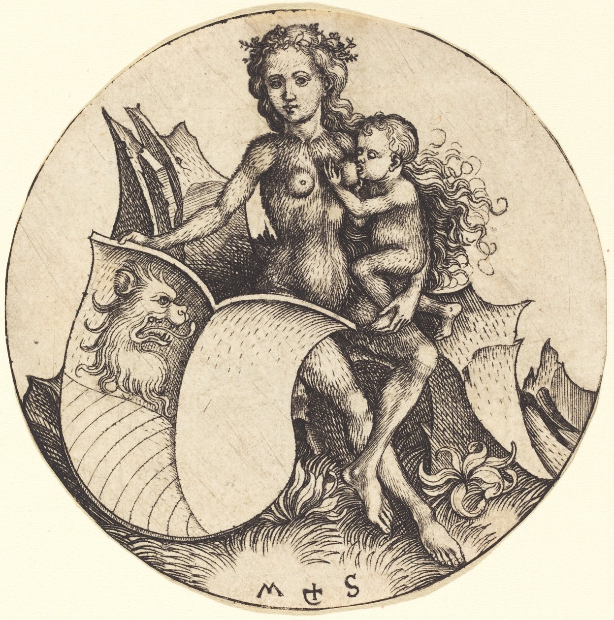 Schild mit Löwenkopf, gehalten von Wilder Frau von Martin Schongauer