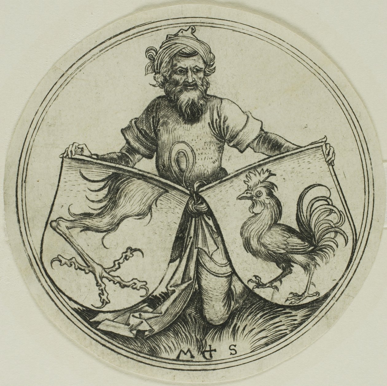 Schild mit einem Greifenfuß und Schild mit einem Hahn, gehalten von einem Mohr von Martin Schongauer