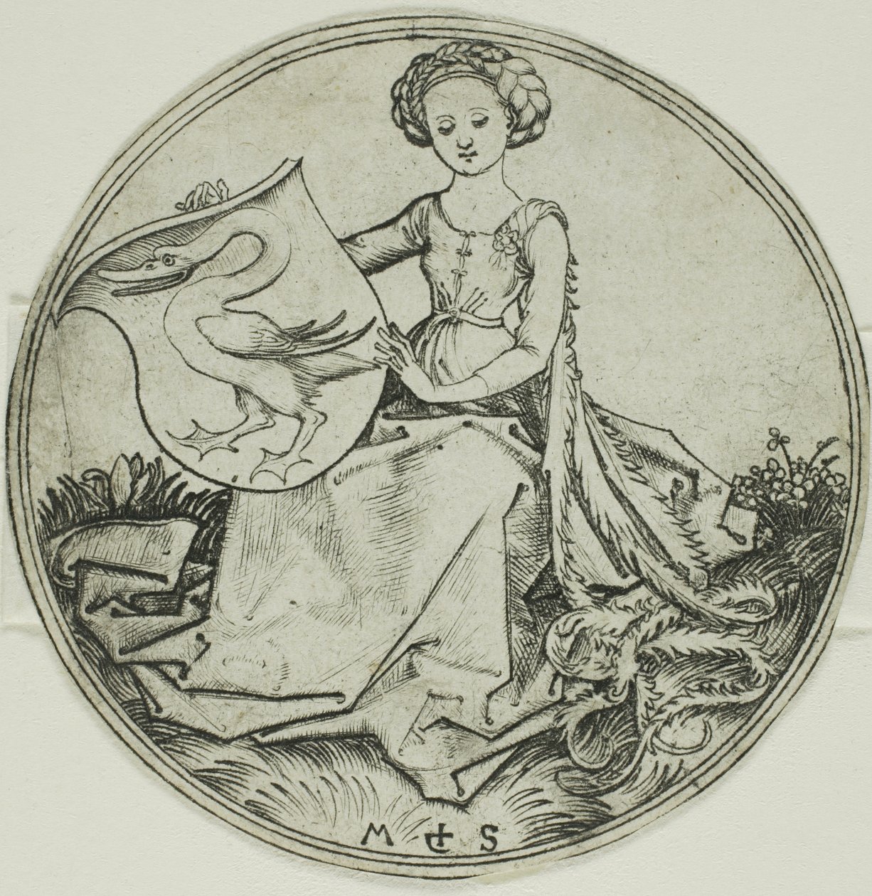 Schild mit einem Schwan, gehalten von einer sitzenden Dame von Martin Schongauer
