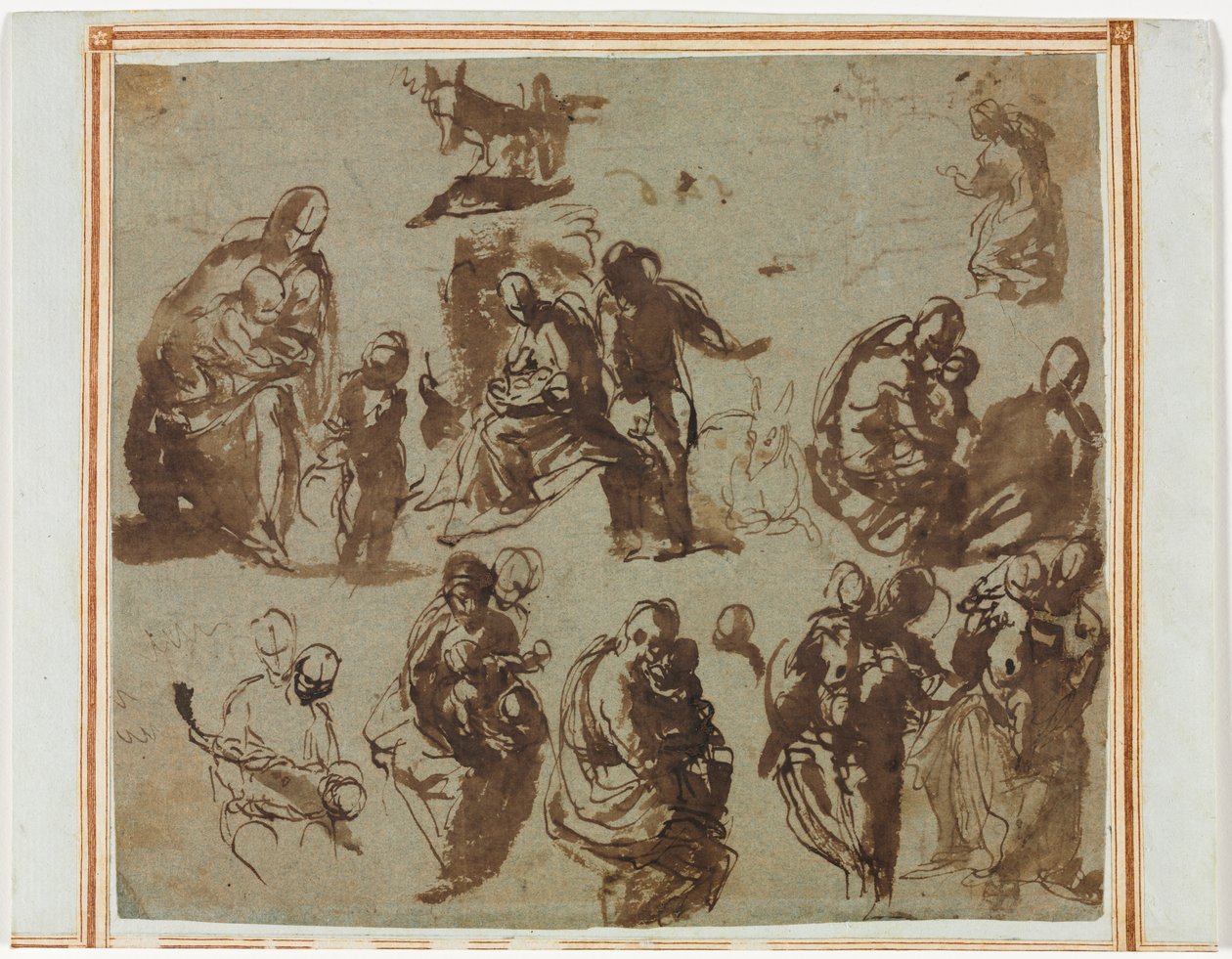 Verschiedene Skizzen der Madonna und des Kindes (recto) Architektonische Studien (verso) [teilweise sichtbar auf recto] von Martin Schongauer