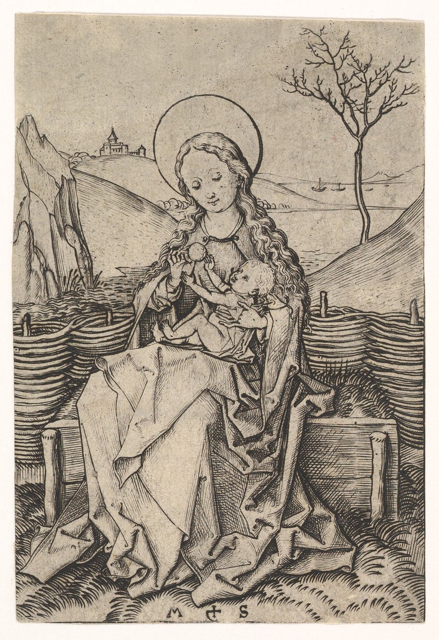 Jungfrau und Kind auf einer grasbewachsenen Bank, ca. 1435-1491 von Martin Schongauer