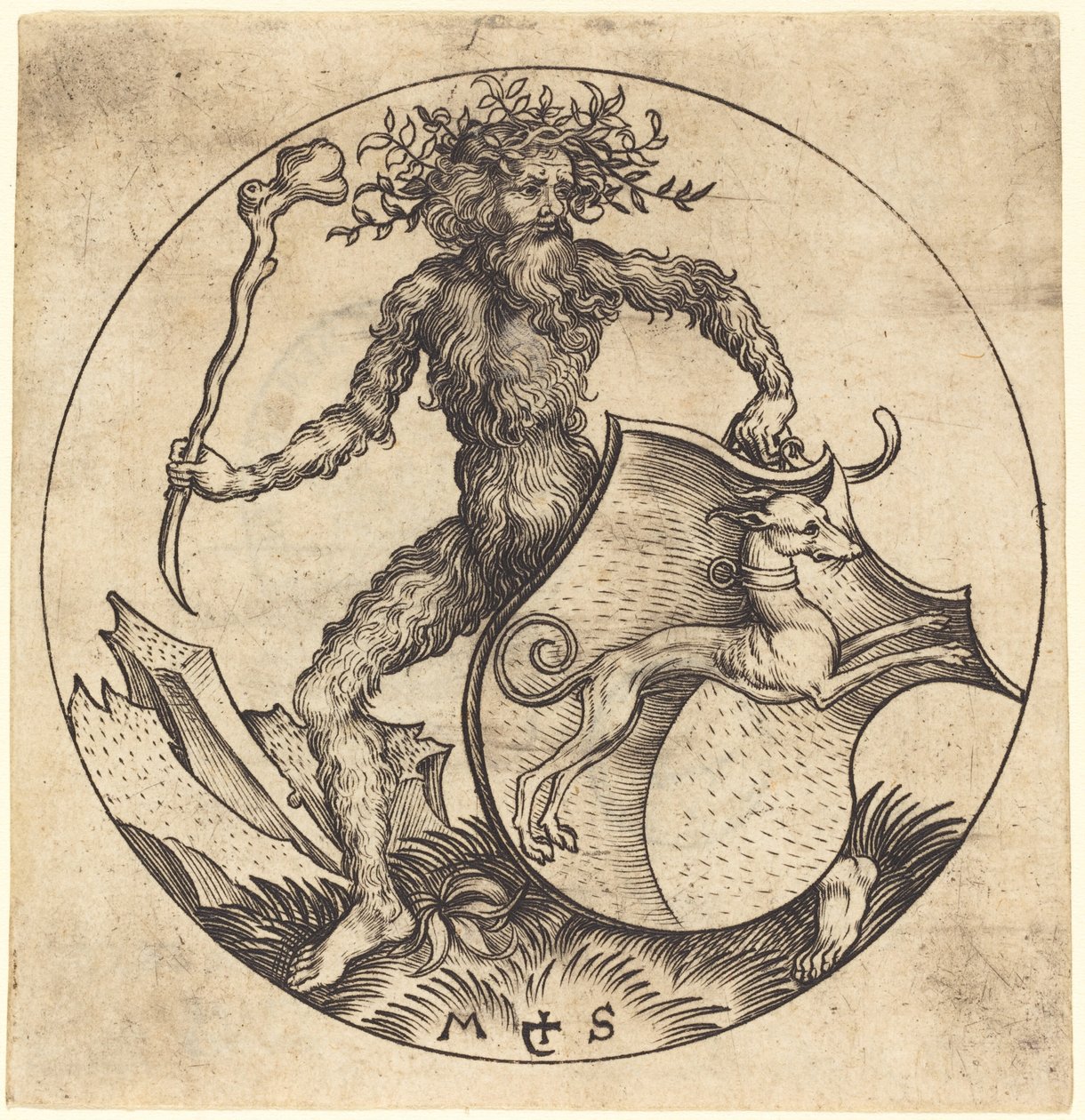 Wilder Mann hält ein Schild mit Windhund von Martin Schongauer