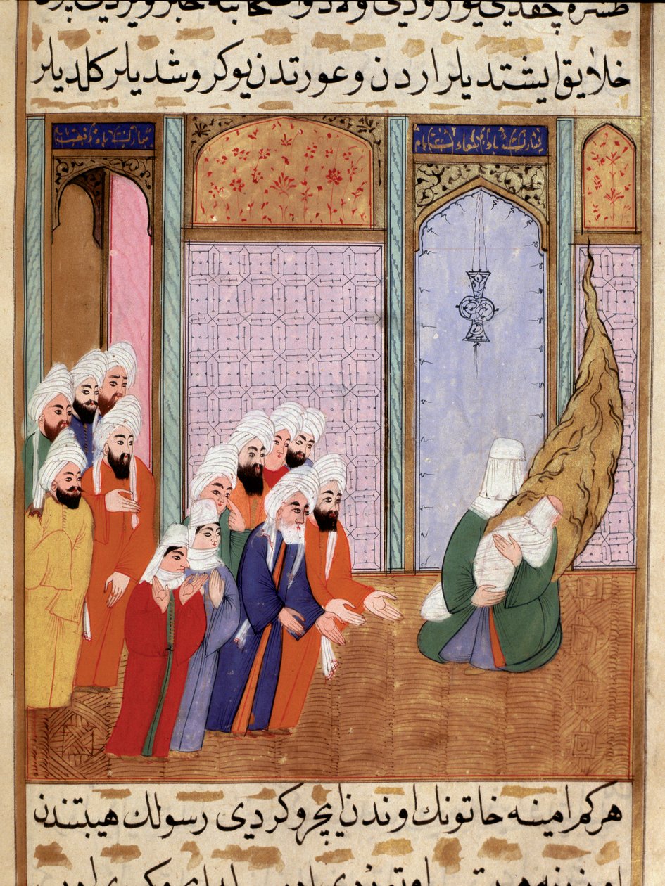 Die Mutter des Propheten Muhammad zeigt ihr neugeborenes Kind nur ihrem Großvater Abd al-Muttalib. Miniatur aus „Siyer-i Nebi“ (episches Gedicht über das Leben des Propheten Muhammad, geschrieben von Mustafa, Sohn von Yusuf d