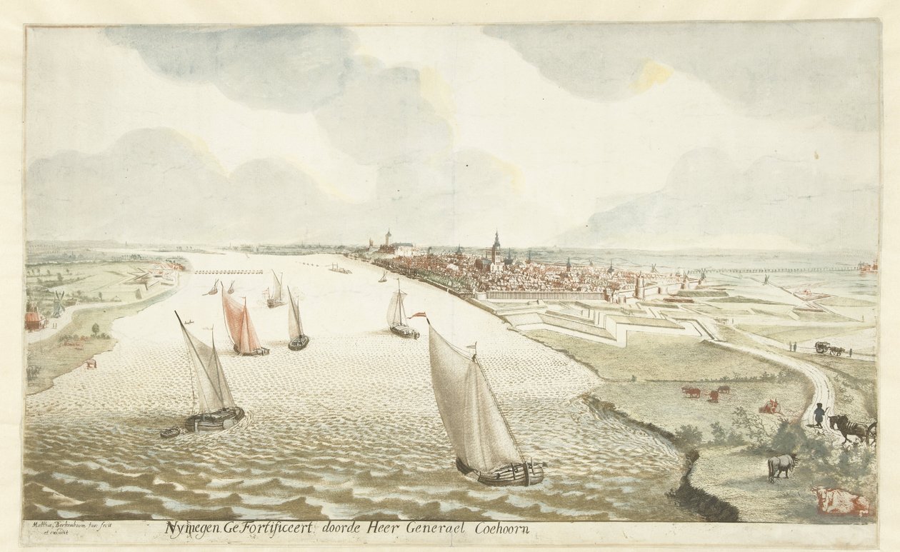 Ansicht der Befestigungsanlagen bei Nijmegen an der Waal von Martinus Berkenboom