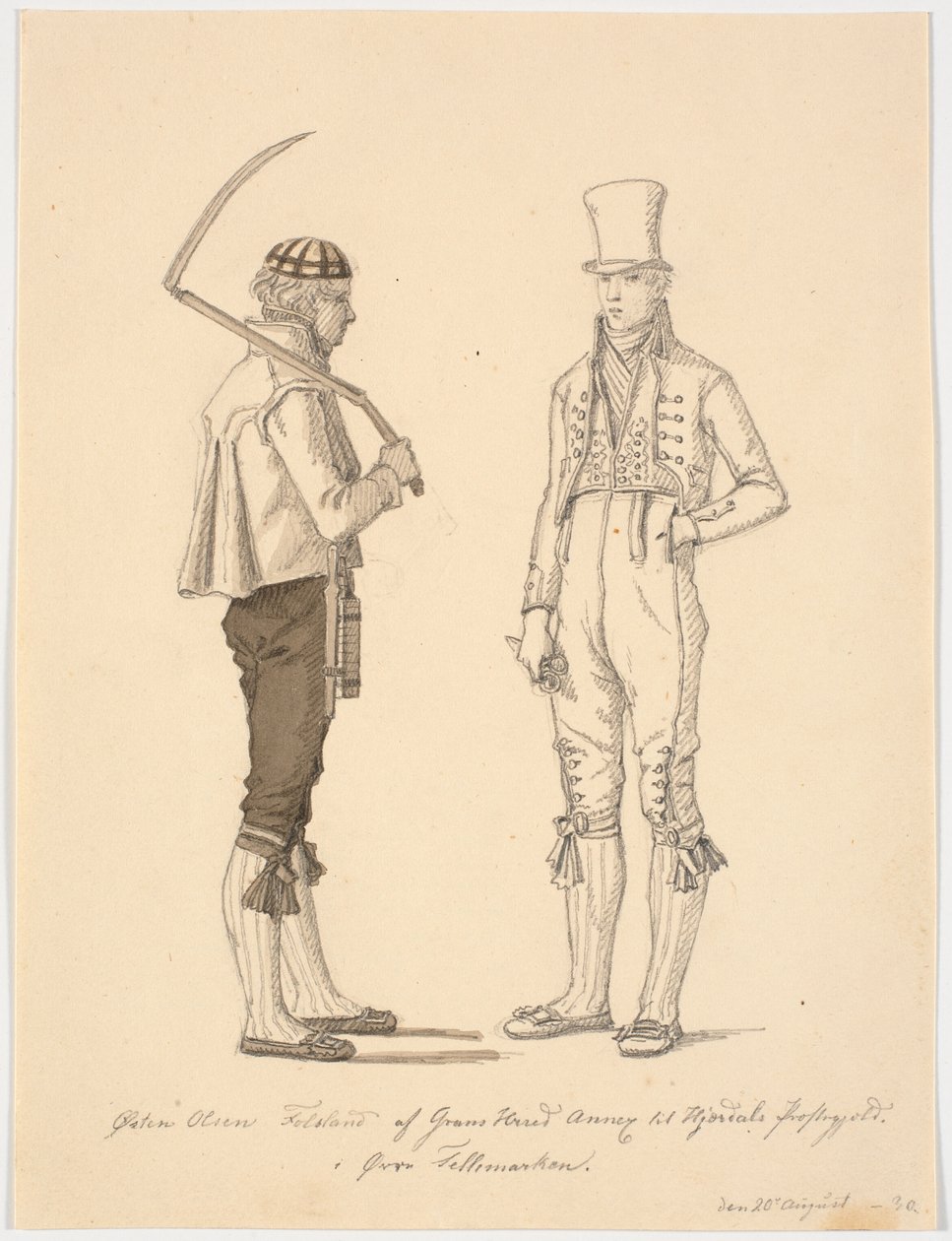 Stehender Bauer mit Sense und Bauer in Festtagskleidung von Martinus Rørbye