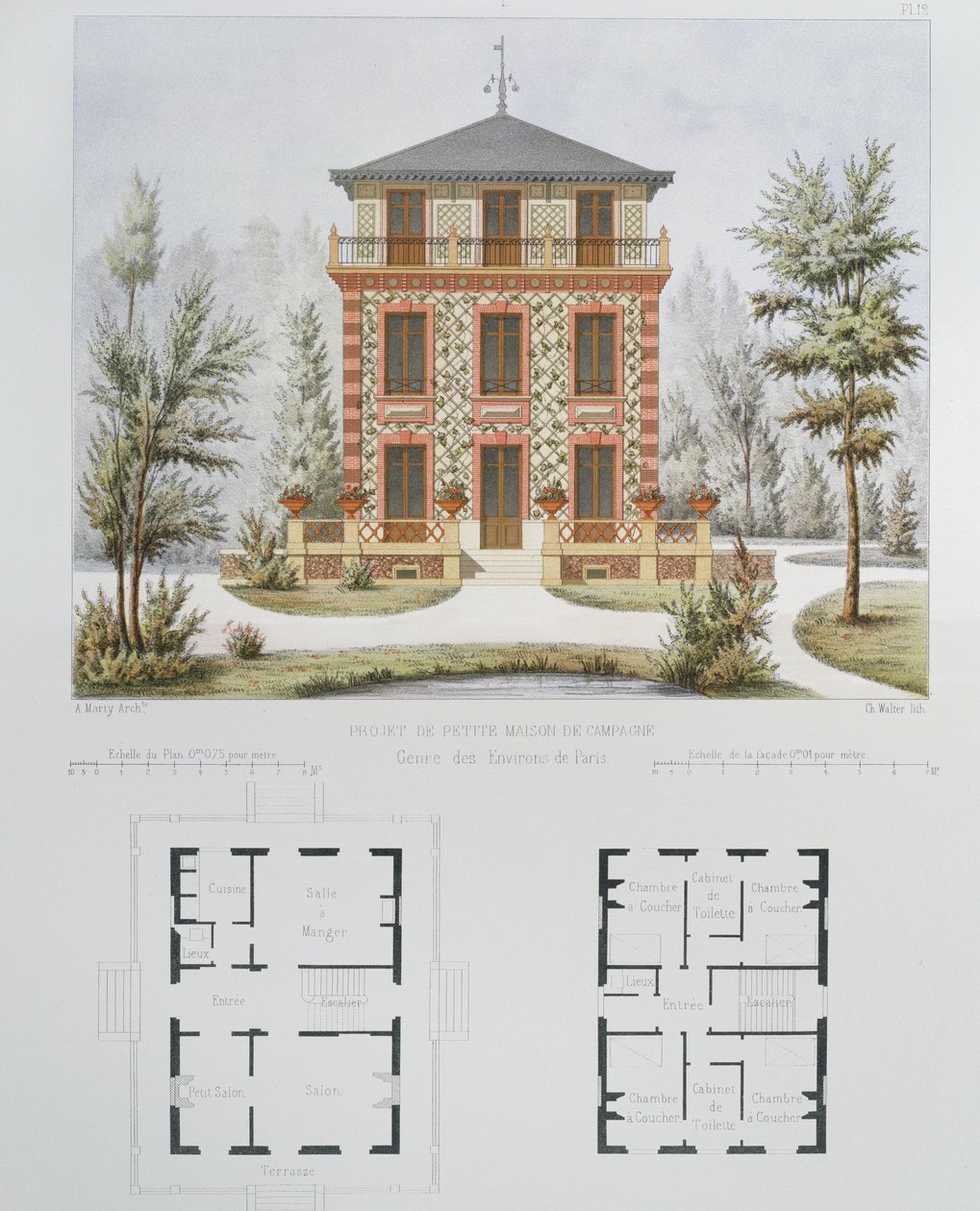 Projekt für ein kleines Landhaus in der Nähe von Paris, graviert von Walter, Tafel 18 aus Architecture Pittoresque et Moderne von Marty