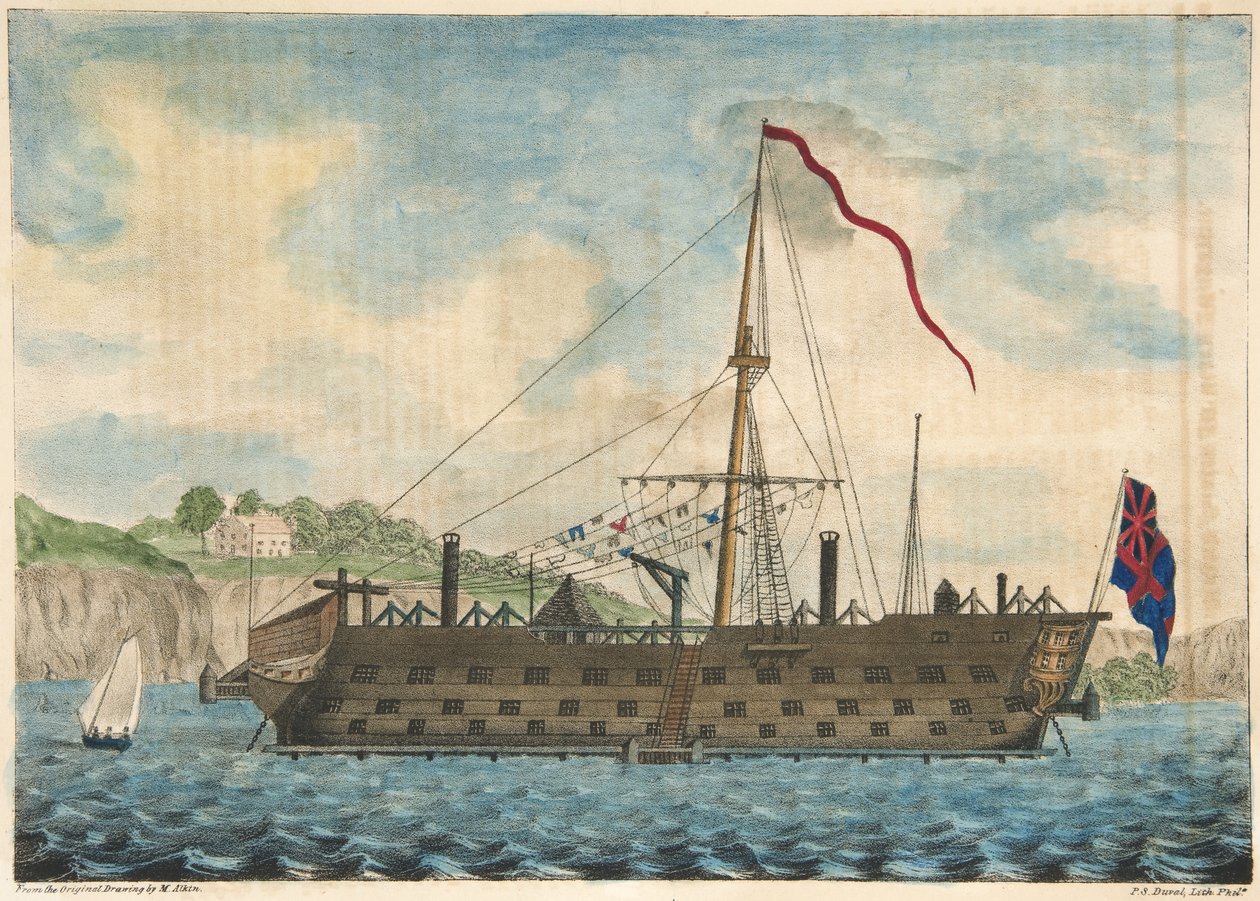 Gefängnisschiff Saratoga vor Dartmouth, veröffentlicht 1840 von Martyn after Alken
