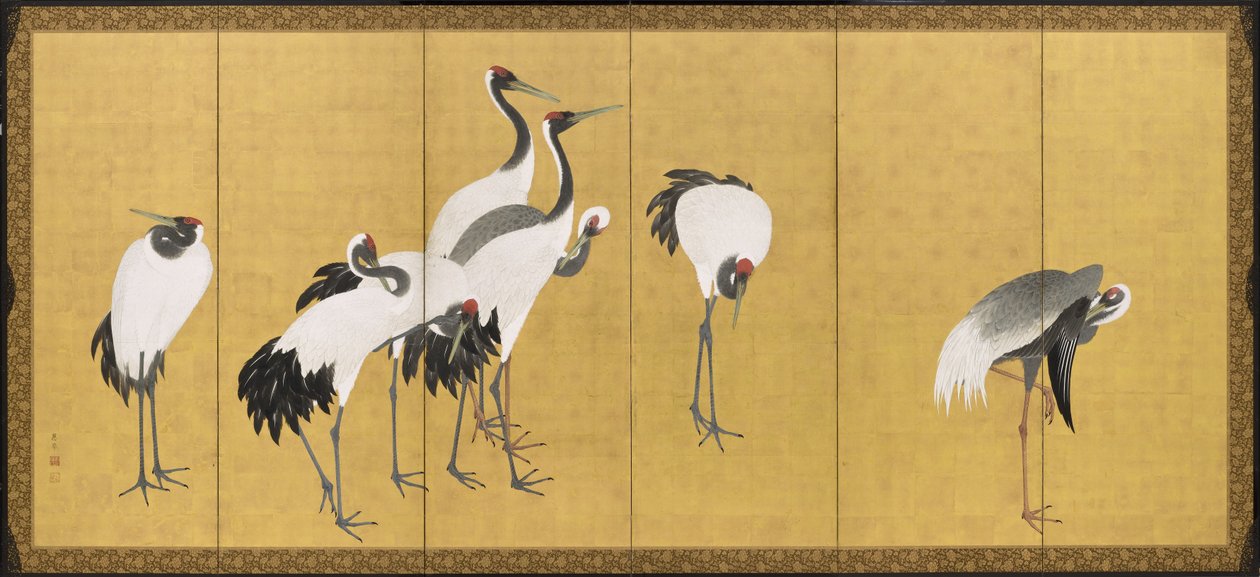 Kraniche, Anei-Periode, 1772 (Tinte, Farbe & Goldblatt auf Tafel) von Maruyama Okyo
