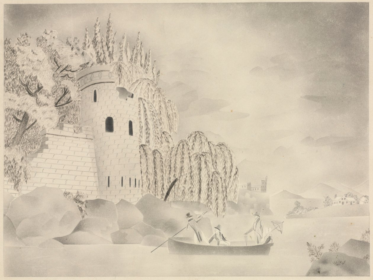 Der einsame Turm (Burg an einem Fluss mit Weiden und einem Boot) von Mary Altha Nims