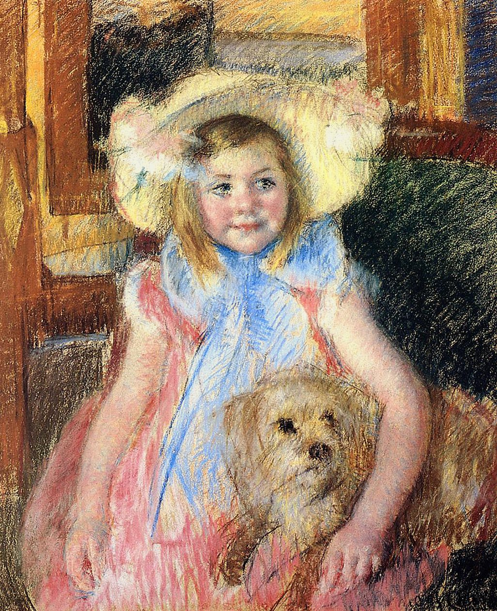 Sara mit einem großen Blumenhut, nach rechts blickend, ihren Hund haltend, um 1901 von Mary Cassatt