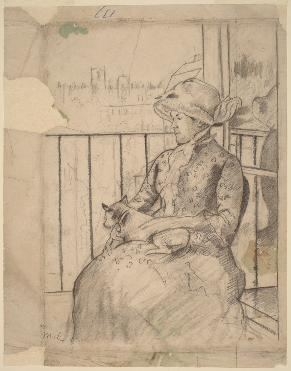 Susan auf einem Balkon mit einem Hund [recto] von Mary Cassatt
