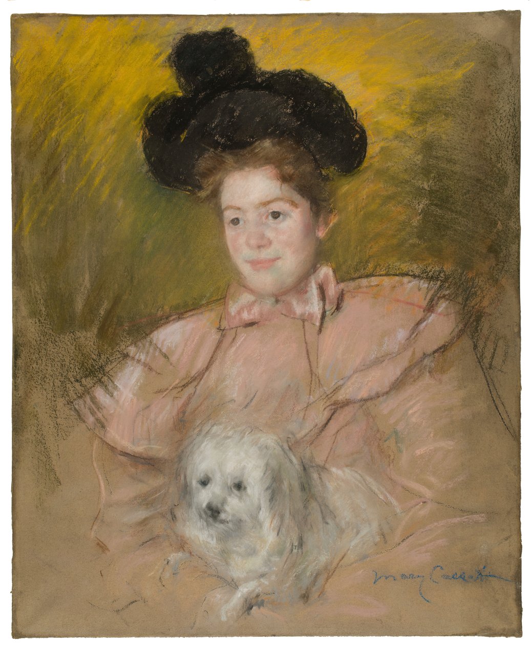 Frau im Himbeerkostüm mit einem Hund, ca. 1901 von Mary Cassatt