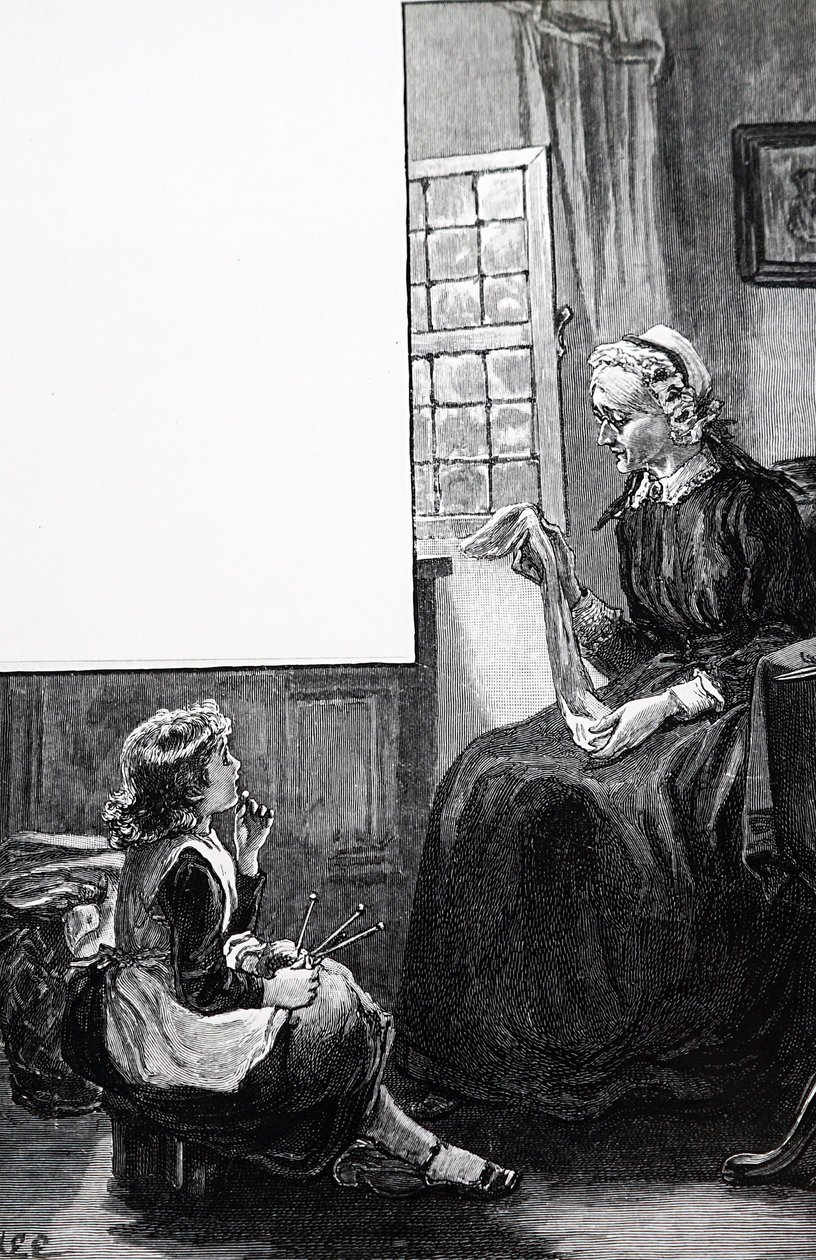 Eine Großmutter begutachtet die Strickversuche des Kindes von Mary Ellen Edwards