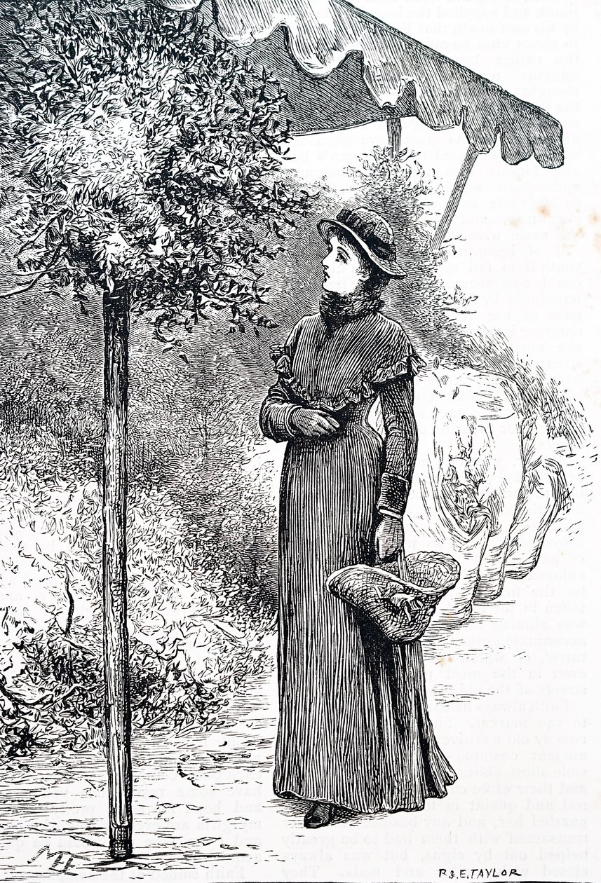 Eine Frau kauft Stechpalmen für Weihnachtsdekorationen. Von Mary Ellen Edwards (1838-1934), einer englischen Künstlerin von Mary Ellen Edwards
