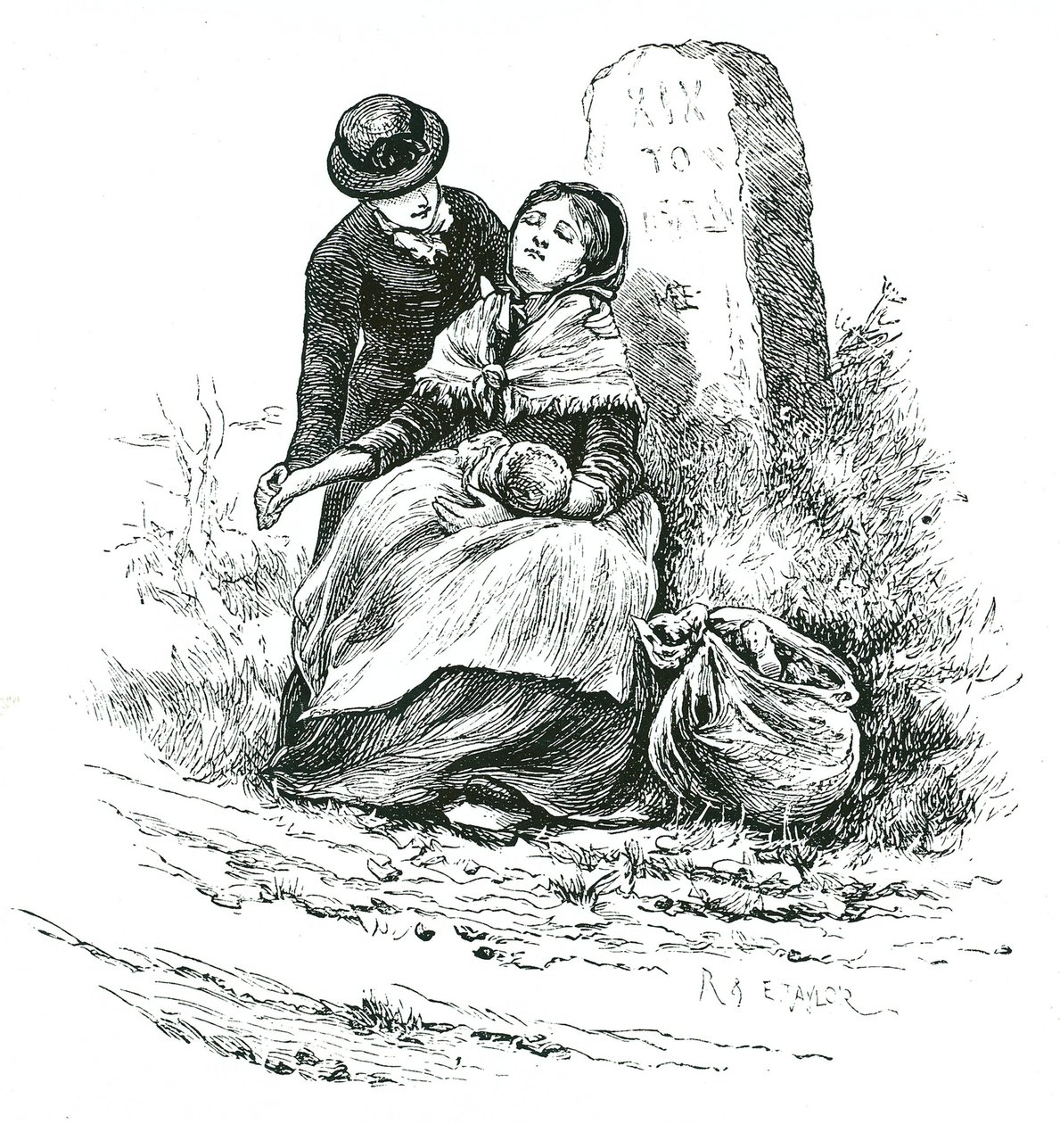 Eine mittellose, unverheiratete Mutter wird erschöpft auf dem Weg zum Armenhaus mit ihrem Baby gefunden. Szene erinnert an einen Roman von Thomas Hardy, aber nicht ungewöhnlich in ländlichen Gebieten im ganzen Land. Illustration von Mary Ellen Edwards ca.  von Mary Ellen Edwards