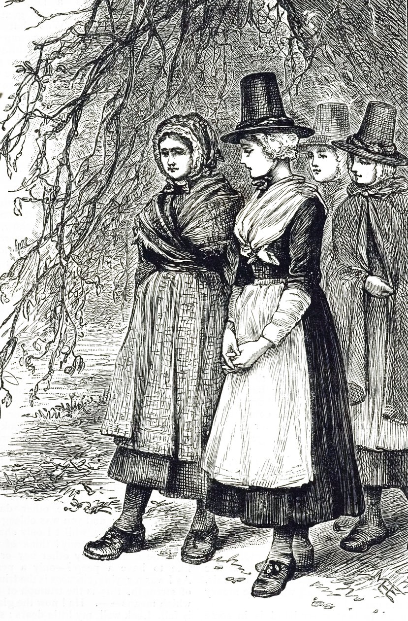 Eine Gravur, die walisische Mädchen auf einem Hollantide-Markt, einem Einstellungsmarkt, darstellt, die darauf warten, als Hausangestellte engagiert zu werden. Illustriert von Mary Ellen Edwards (1838-1934), einer englischen Künstlerin und Illustratorin vo von Mary Ellen Edwards