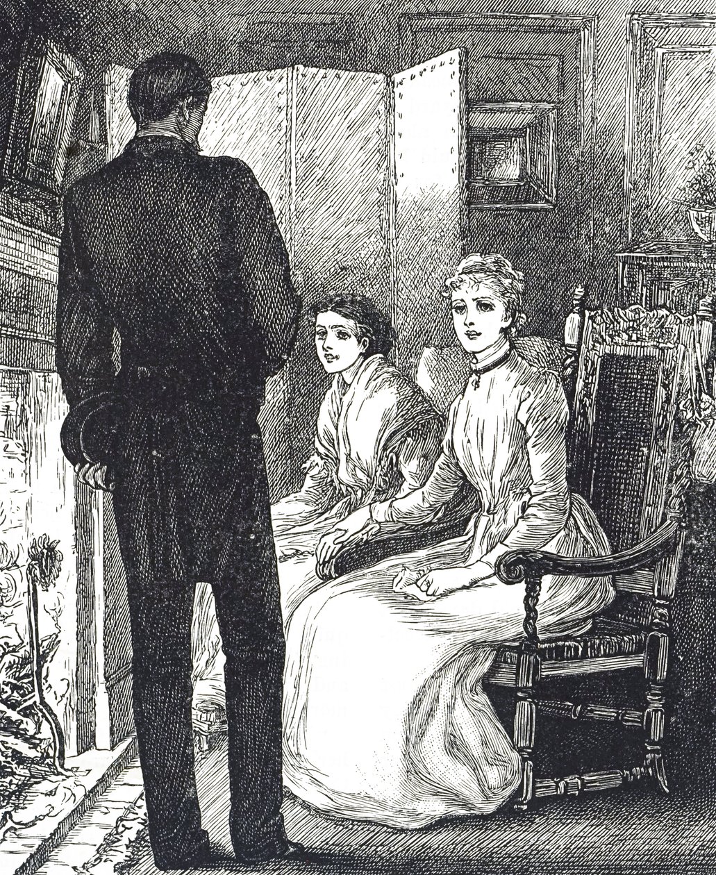 Gravur, die zwei Frauen zeigt, die sich am Kamin wärmen von Mary Ellen Edwards
