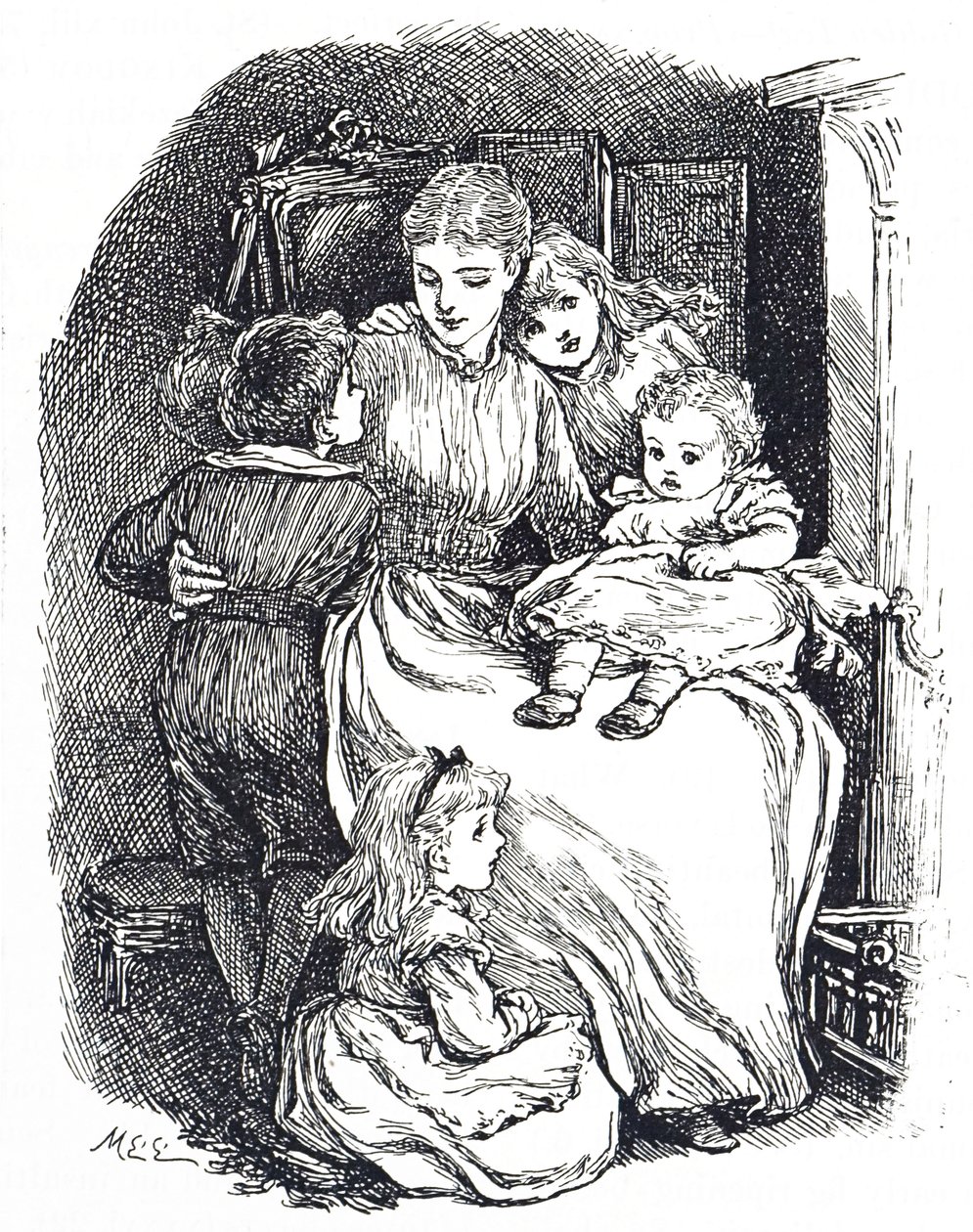 Illustration, die eine Mutter mit ihren Kindern darstellt von Mary Ellen Edwards