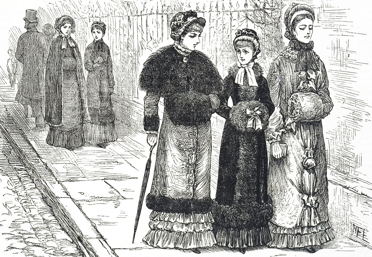 Illustration, die junge Frauen mit Muffen darstellt, um ihre Hände während des kälteren Wetters warm zu halten von Mary Ellen Edwards