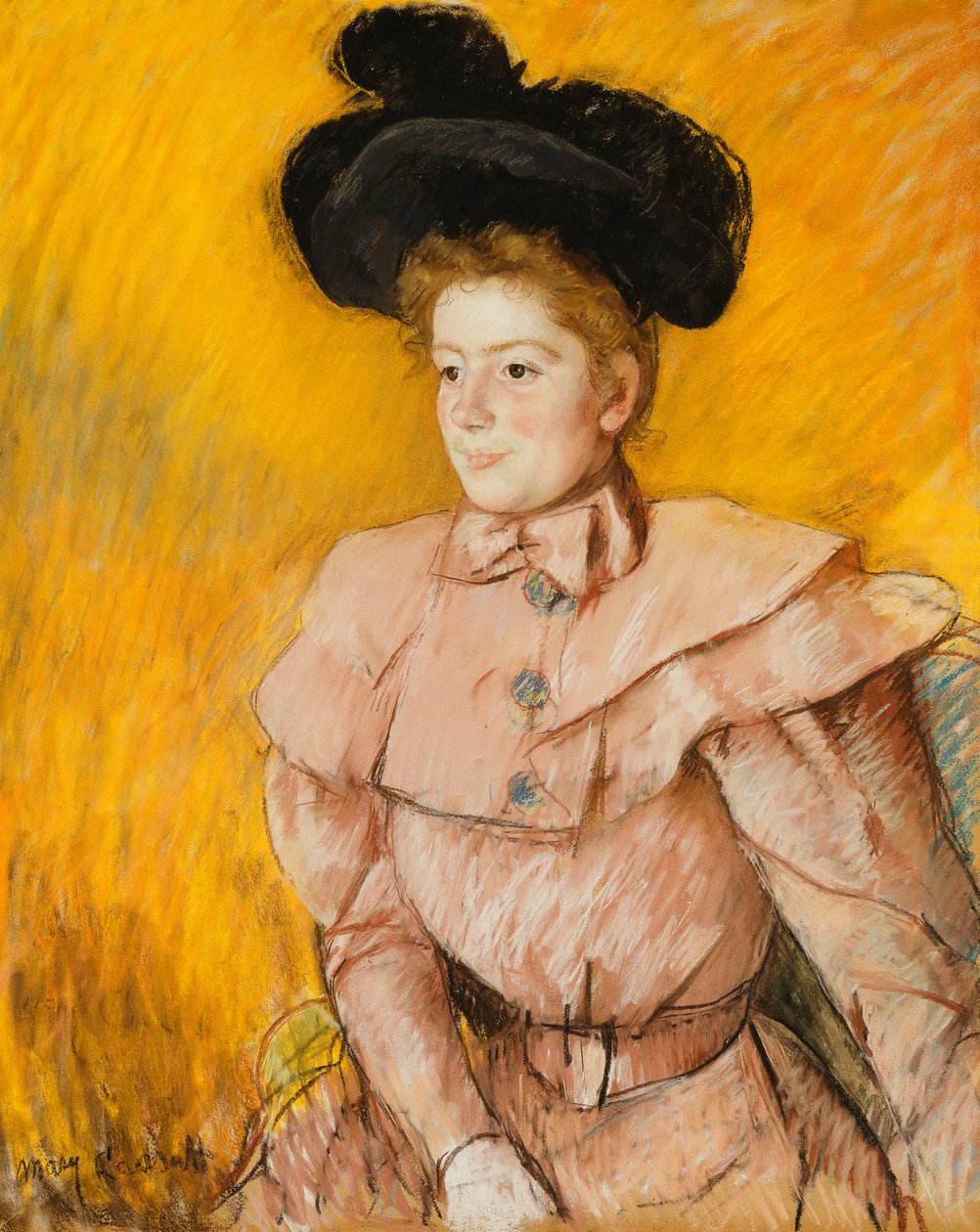 Frau mit schwarzem Hut und Himbeerrosa Kostüm von Mary Cassatt