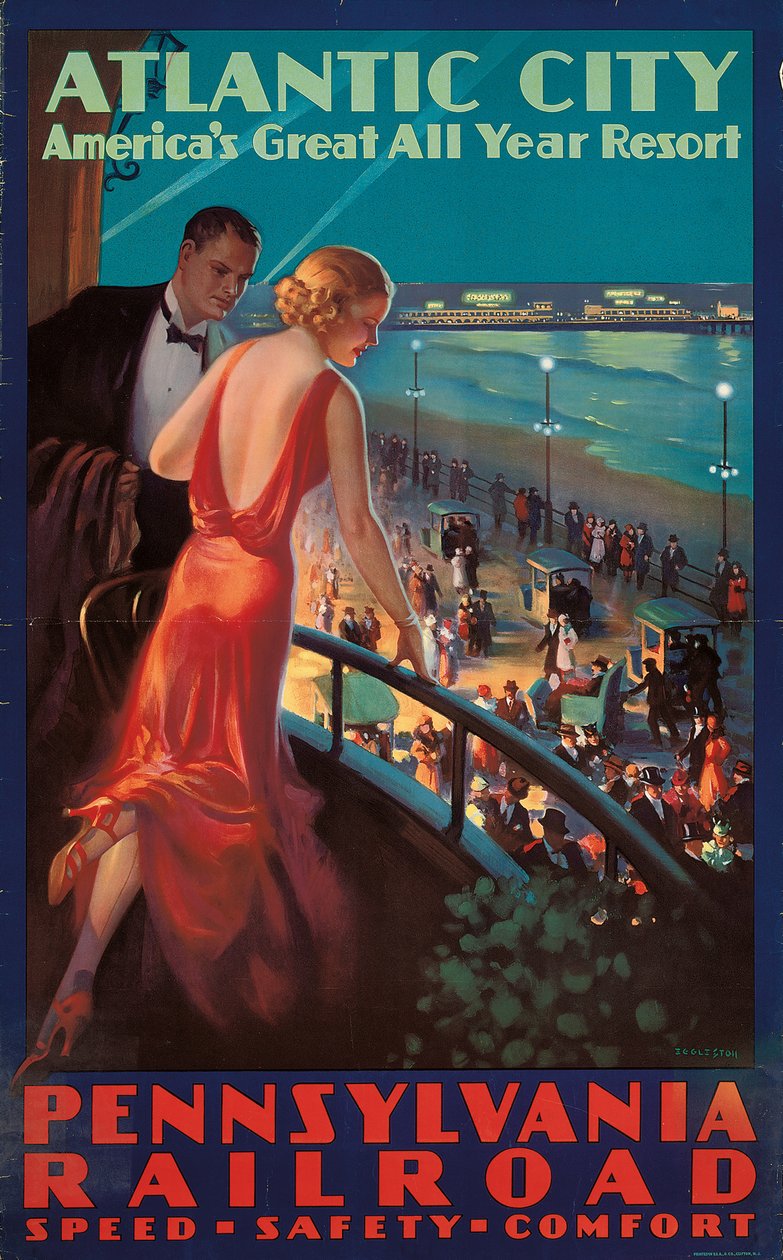 Plakat zur Werbung für Reisen nach Atlantic City mit der Pennsylvania Railroad von Mason Edward Eggleston