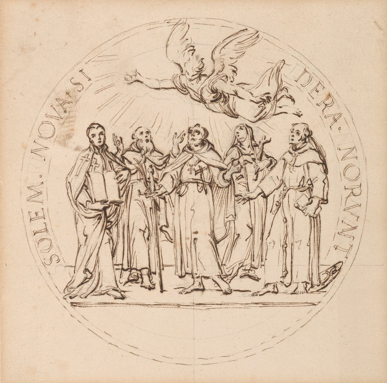 Entwurf für eine päpstliche Medaille zur Heiligsprechung durch Clemens X. von Sankt Pius, Sankt Gaetano dei Conti di Thiene, Sankt Franz Borgia, S. J., Sankt Louis Bertrand, O.P., und Sankt Margarete (Königin) von Schottland von Massimiliano Soldani