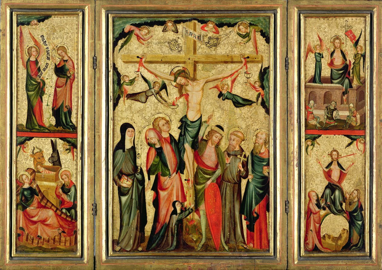 Triptychon, das die Kreuzigung Christi darstellt, um 1350 (Tempera und Blattgold auf Holztafel) von Master of Cologne