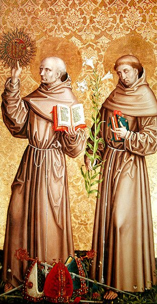 Heiliger Bernhardin von Siena und Heiliger Antonius von Padua, rechtes Panel vom Retabel des Hochaltars, 1480 von Master of the Carnation
