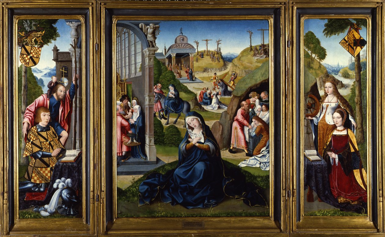 Das Ashwellthorpe-Triptychon der sieben Schmerzen Mariens, Szenen aus dem Leben der Jungfrau darstellend, mit Seitenflügeln, die zwei Stifter mit den Heiligen Katharina und Christophorus zeigen, um 1520 von Master of the Legend of the Magdalen