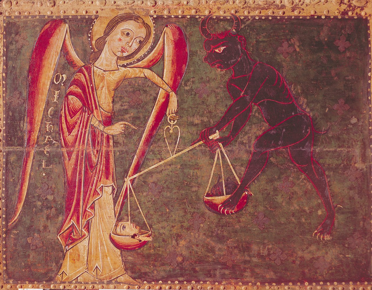 St. Michael wiegt Seelen, von einem Altarbild, das dem Erzengel Michael gewidmet ist, um 1200 (Tempera auf Holztafel) von Master of the Llusanes