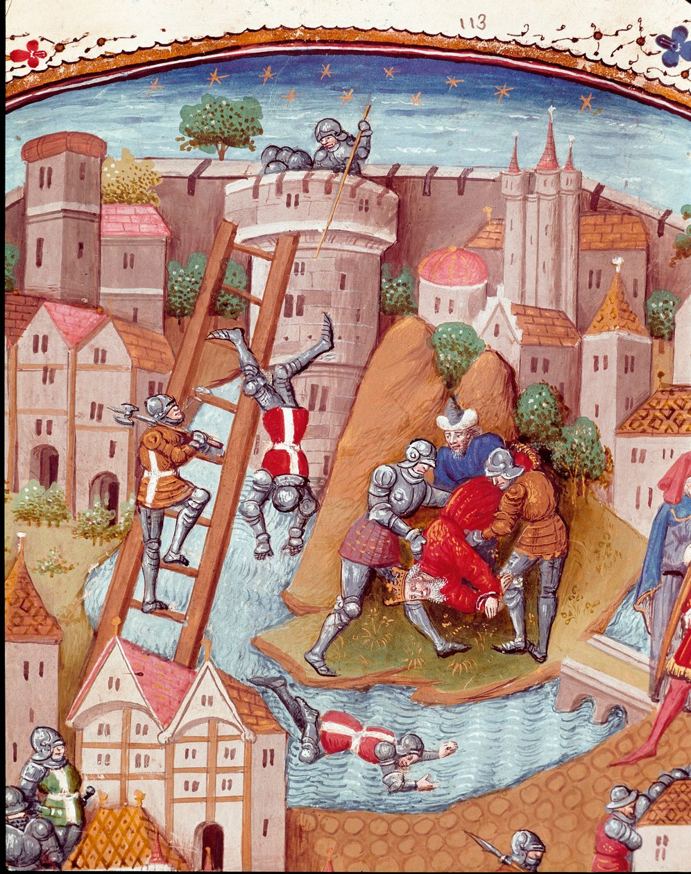 Eroberung einer befestigten Stadt (Detail). Miniatur aus „De casibus“ von Giovanni Boccaccio (1313-1375), italienischer Schriftsteller, übersetzt von Laurent de Premierfait und illuminiert vom Meister von Dunois (15. Jh.) von Master Dunois