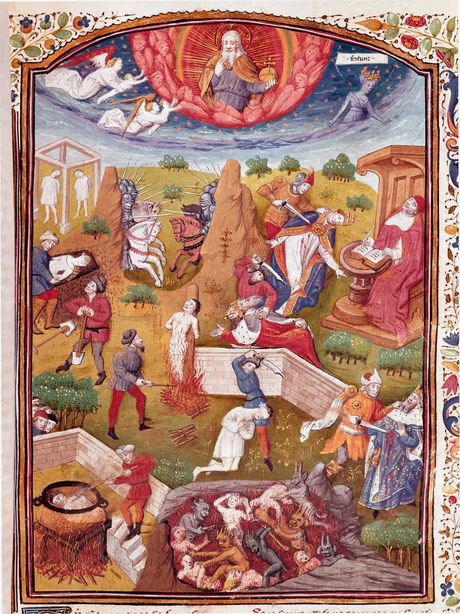 Vision von Boccaccio: Szene der Folter, des Hängens, des Massakers. Miniatur aus „De casibus virorum illustrium“ von Giovanni Boccaccio, genannt Jean Boccace (1313-1375), italienischer Schriftsteller, übersetzt von Laurent de Premierfait und illuminiert vo von Master Dunois