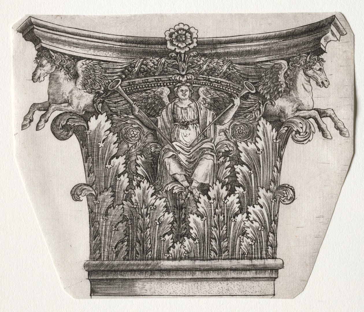 Basis und Kapitell mit Figur des Ruhms und geflügelten Pferden von Master G. A. with the man