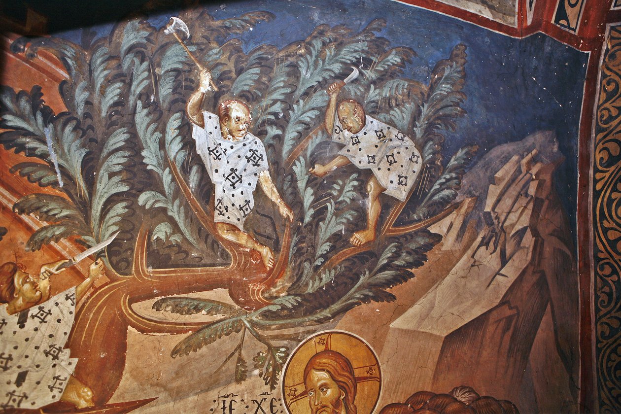 Der Einzug Christi in Jerusalem. Detail: Kinder schneiden Palmzweige, 14. Jahrhundert von Master Gerasime