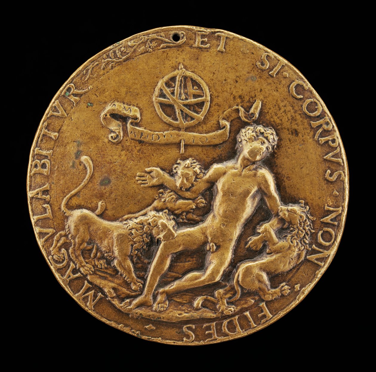 Eine Allegorie des Glaubens: Löwen verschlingen einen nackten Jüngling von Master IO.FF.