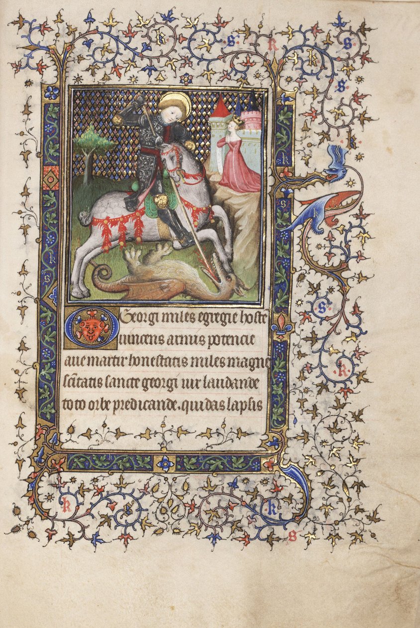 MS Widener 4 f.188r, St. Georg kämpft gegen den Drachen, aus einem Stundenbuch, Gebrauch von Rennes von Master Lucon