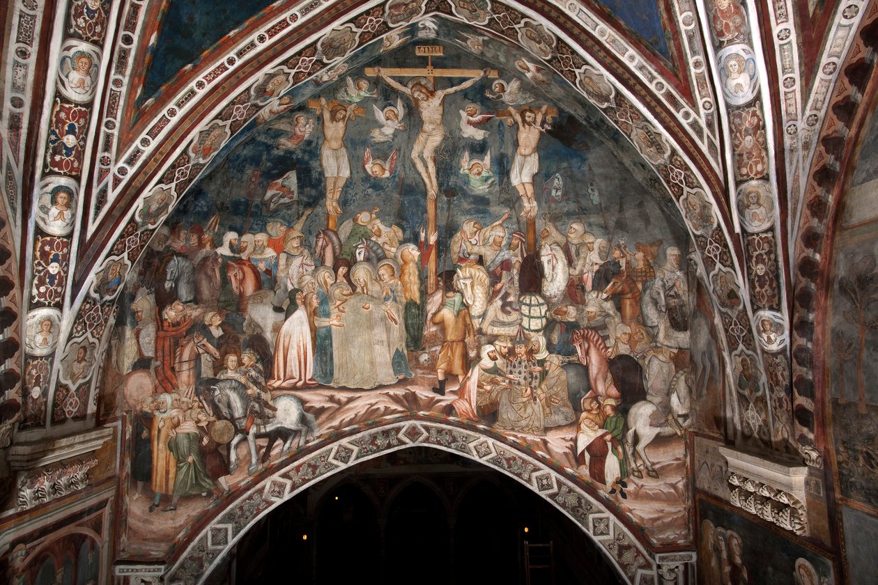 Die Kreuzigung, Fresko des Meisters von Sacro Speco, 14. Jahrhundert, Obere Kirche, Kloster von San Benedetto (Sacro Speco), Subiaco (Rom), Italien von Master Trecentesco of Sacro Speco School