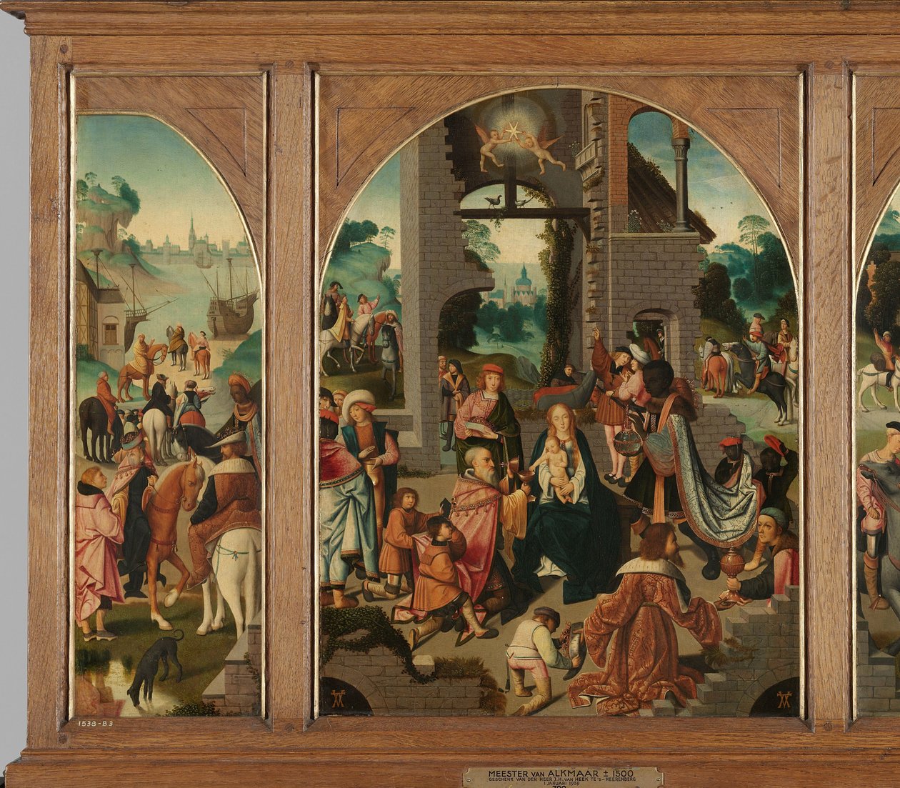 Triptychon mit Anbetung der Könige (Mitte und innere Flügel), Heiliger Antonius Abt (links, äußerer Flügel) und Heiliger Adrian (rechts, äußerer Flügel) von Master of Alkmaar (attributed to)