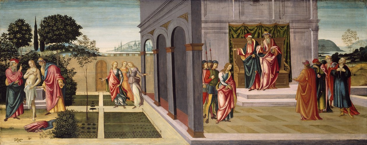 Susanna und die Ältesten im Garten und der Prozess von Susanna vor den Ältesten, ca. 1500 von Master of Apollo and Daphne