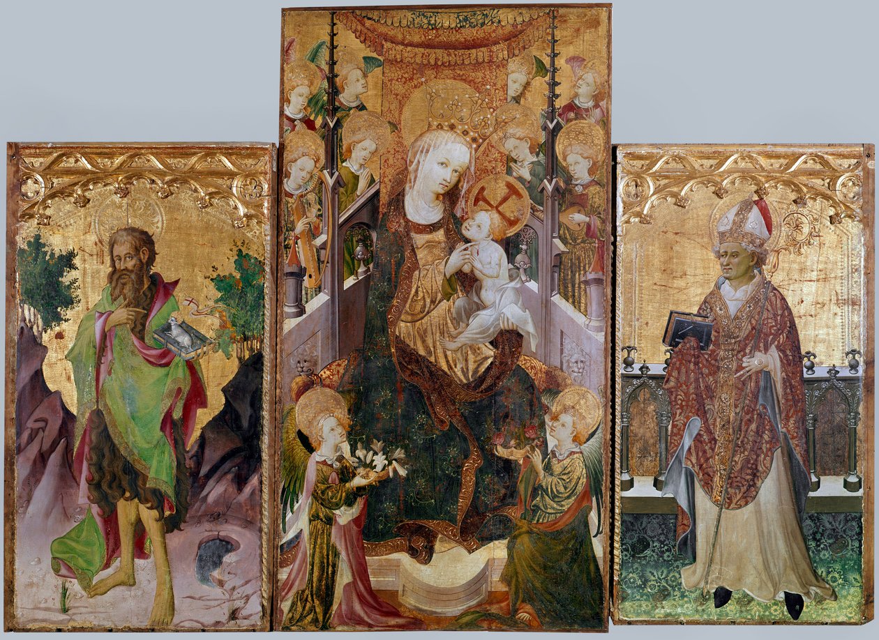 Jungfrau mit Kind, Johannes dem Täufer und Ambrosius - Altarbild mit drei Tafeln, um 1430 von Master of Burgo de Osma
